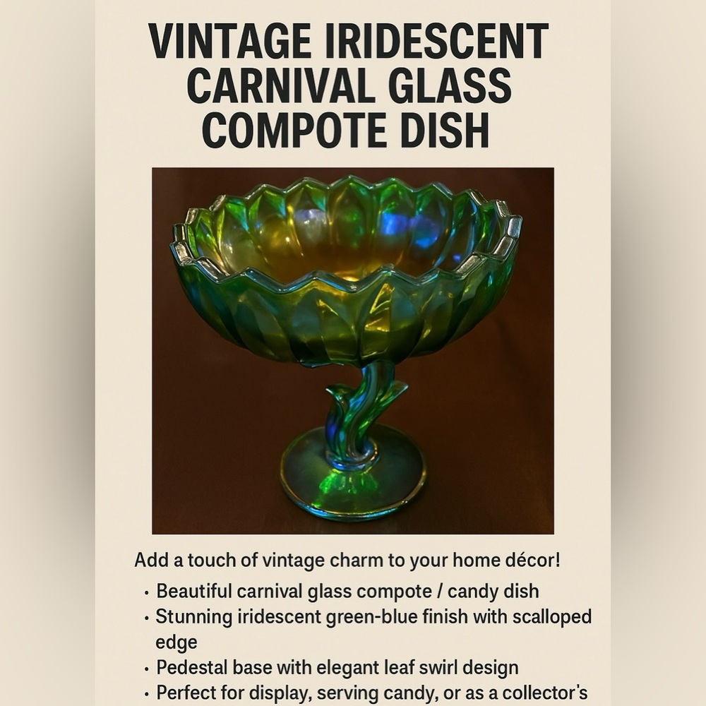 Vintage Iridescent Carnival Glass Compote Dish – Green/Blue Pedestal Bowl